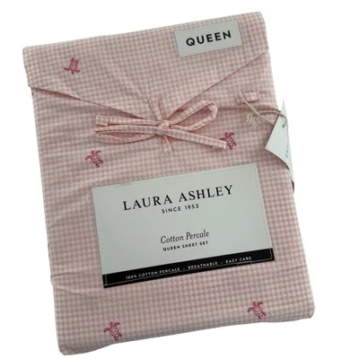Laura Ashley Queen Cotton Percale Plaid Gingham Sea Turtle Sheet Set Pink New - Image 1 of 4