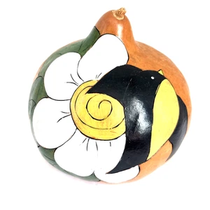 Vintage Hand Painted Flower Bird Dried Gourd Folk Art Signed By Artist 7.5" Tall - Picture 1 of 4
