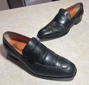 SANTONI Leather Dress Shoes Mens UK 9.5 / US 10.5 Penny Loafer Black GAVIN Italy - Picture 1 of 9