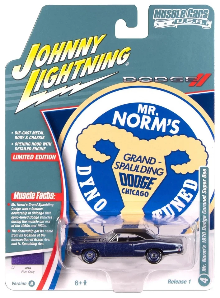 JOHNNY LIGHTNING 1 64 JLSP384B 1970 DODGE SUPER BEE "MR. NORMS" (PLUM CRAZY)