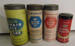 RARE  4 VINTAGE COLLECTIBLE RUBBER REPAIR KIT CAN Lot:: BALKAMP, TEXACO, LEE TIR - Picture 1 of 4