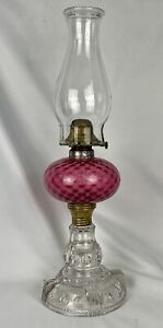 Antique Fenton Cranberry Opalescent Coin Dot Oil Lamp w Burner and Chimney