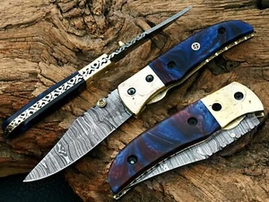 Damascus Folding Knife ,Superior Hand Forged Damascus Blade Folding Pocket Knife - Picture 1 of 10