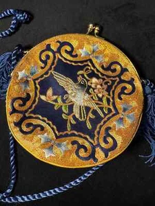 Cartera vintage japonesa con broche de beso bordado dorado/azul borla redonda pájaro canto - Imagen 1 de 7