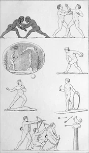 CIVILISATION de la GRÈCE ANTIQUE - JEUX du STADE (JEUX OLYMPIQUES)- Gravure 19e - Picture 1 of 2