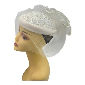 Vintage White Off-white Hat W/ Netting Sequins Classic Pillbox Wedding Chic 60’s - Picture 1 of 16