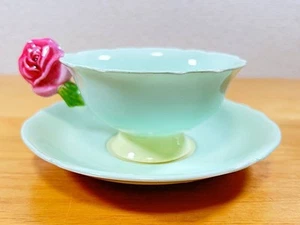 1937-1952 Antique Paragon Rose Handle Mint Green Tea Cup Saucer - Picture 1 of 9