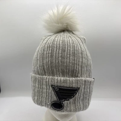 St Louis Blues NHL Women’s 47 Brand White Pom Pom Cuffed Gray Beanie OSFM - Image 1 of 4