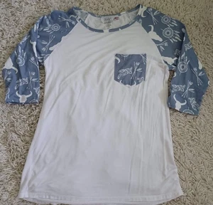 Jody California Women’s L Raglan Tee Top White Blue/Gray Boho Western Print - Picture 1 of 6