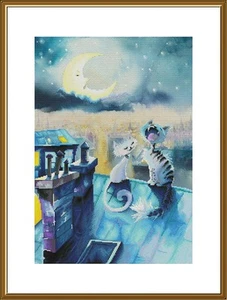 Hágalo usted mismo Kit de punto de cruz de lona tintada "Canciones bajo la luna" Gatos por la noche - Imagen 1 de 1