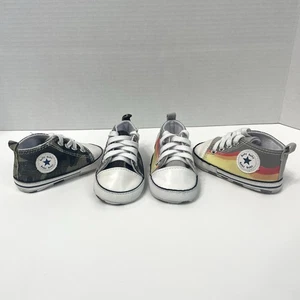 Set Of 2 Pair Baby Canvas Shoes Lace Up Striped And Camo Crib Shoes Size 2 - Picture 1 of 9