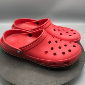 CROCS Sandals Shoes Mens Size 12 Slip On Red Rubber Bottom Tan Heel Strap