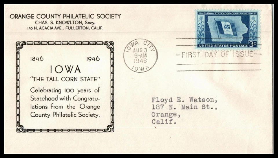 1946 Iowa Statehood 100 years Sc 942-17 Orange County Philatelic Society (R01 - Image 1 of 1