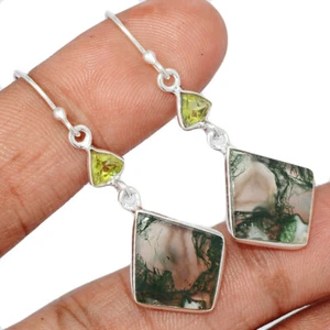 Natural Moss Agate - India & Peridot 925 Silver Earrings Jewelry CE38944 - Picture 1 of 1