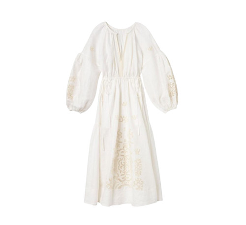 OFF WHITE Abito midi ALC Capri donna 14 avorio bianco sporco scollo a V maniche lunghe lino occhielli