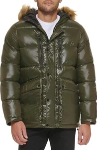 GUESS Mens Hooded Insulated Puffer Jacket Removable Fur Large Green NWT 112AN335 - Picture 1 of 15