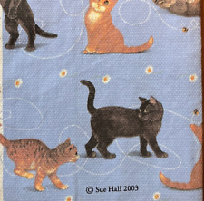 Sue Hall 2003 cat kitchen tea towel cotton blue tiger black WASHED UNUSED C