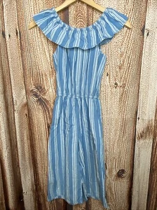 Wonder Nation Girl’s Jumper Romper Pants Blue Stripe Sleeveless Ruffle M 7/8 - Picture 1 of 3