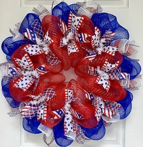 Three Cheers For The Red White And Blue Patriotic Ribbon Deco Mesh Wreath - Picture 1 of 3