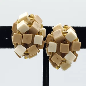 Cluster Clip On Earrings Off White Tan Brown Cubes Seed Beads West Germany - Picture 1 of 6