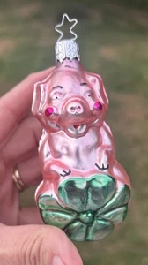 Adorno de Navidad vintage cerdo rosa con trébol trébol de 4 hojas - Alemania Occidental - Imagen 1 de 7