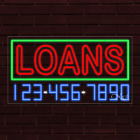 NEW "LOANS" w/YOUR PHONE NUMBER 33x18x1 INCH LED FLEX WINDOW INDOOR SIGN 35077
