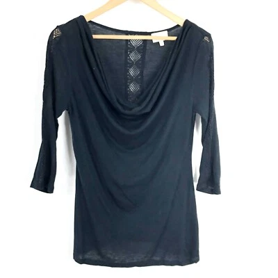 Anthropologie Deletta XS Top Blouse Lace Drape Neckline 100% Cotton Black — 第 1/4 张图片