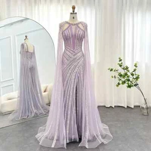 Luxury Crystal Evening Dress with Cape Sleeves Arabic Yellow Wedding Party Gown - Picture 1 of 22