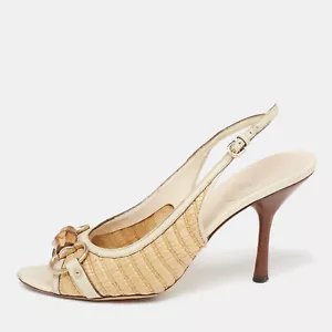 Gucci Grey/Beige Raffia And Leather Bamboo Horsebit Slingback Sandals Size 36.5 - Picture 1 of 10