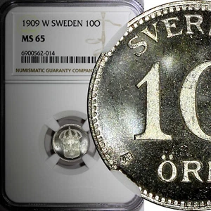 Sweden Gustaf V (1908-1950) Silver 1909 W 10 Ore NGC MS65 KM# 780 (014) - Picture 1 of 5