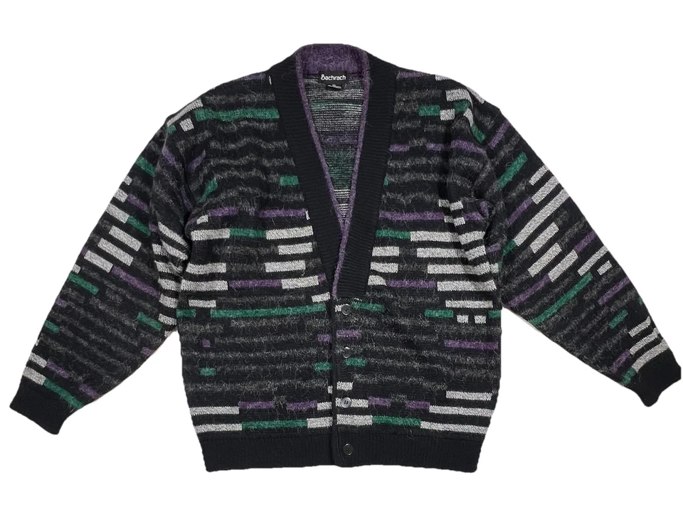 Suéter tejido geométrico abstracto vintage BACHRACH para hombre M negro púrpura verde Foto 1 de 4