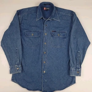 Camicia da lavoro vintage anni 90 Chaps Ralph Lauren metallo bottoni denim blu jeans RL Polo M - Foto 1 di 5