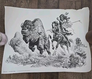 1976 Buffalo Hunt von Bill O'Neil 17" x 23" Schwarzweiß Kunstdruck Native - Bild 1 von 7