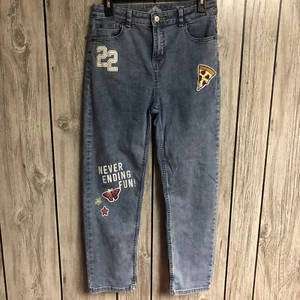 There Abouts High Rise Mini-Mom Jeans Size 16 Patches Graphics - Picture 1 of 10