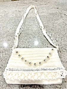 NEW • Snow White Crocheted Purse with Silver Filigree and Double Strap - Picture 1 of 5