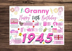 Grußkarte Oma Happy 80. Geburtstag 1945 Erinnerungen Geburtsjahr Fakt - Bild 1 von 9