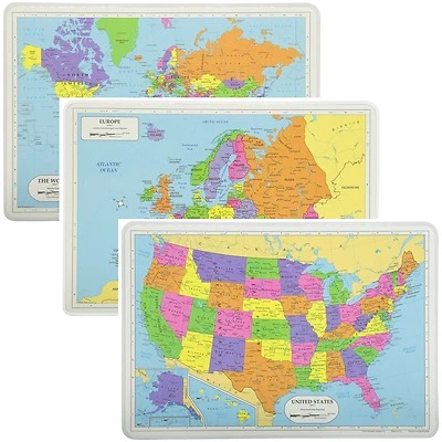 Painless Learning Educational Placemats Sets World USA and Europe Maps Non Slip