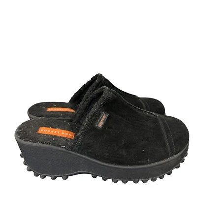 Vtg 90s Rocket Dog Black Suede Shearling Clog Chunky Platform Grunge Size 11 - Image 1 of 4