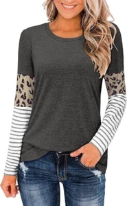 LAISHEN Damen Leoparden Oberteil Rundhals Langarm T-Shirts gestreift Freizeit Bluse - Bild 1 von 5