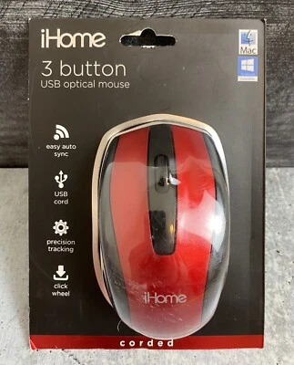 iHome IH-BL-M600R 3 Buttons Compact USB Corded Optical Mouse Red - Image 1 of 2