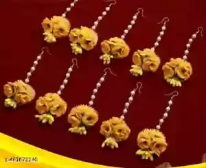 Pack of 10 Ethnics Flower Fabric Along with Pearls Moti Brass Maang Tikka Jewell - Picture 1 of 6