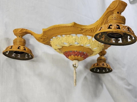 Antique Victorian Art Deco Cast Iron Ceiling 3 Light Fixture + Sockets GORGEOUS! Cover