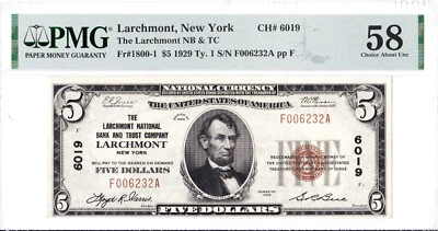 $5 1929 T1 National LARCHMONT New York NY 🇺🇸 Best Known! 🇺🇸 PMG 58 Choice AU - Image 1 of 2