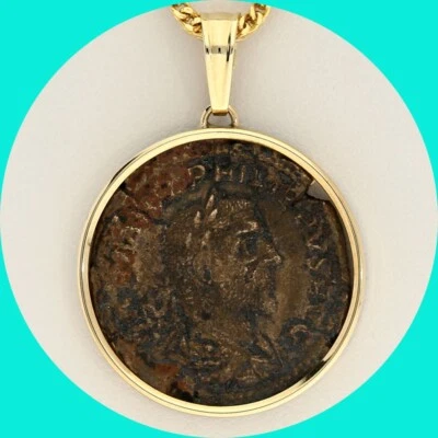 Ожерелье с подвеской в виде римской монеты арабский Сестерций Филипп I цепочка 14 карат YG 20 дюймов - Изображение 1 из 4