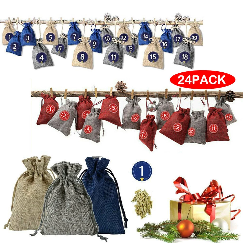 Adventskalender zum Befüllen 24 Stk. Jutebeutel Weihnachtskalender Säckchen - Bild 1 von 4