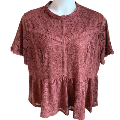 Rust Lace Peplum Top 2X Mock Neck Cottagecore Romantic Academia Holiday Party - Image 1 of 4