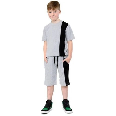Bambini Ragazzi T Shorts 100% Cotone Contrasto Pannelli Grigio Top Estivo Set - Immagine 1 di 2