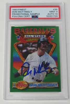 Tarjeta Topps Finest 1993 firmada por Don Mattingly Yankees #98 muestra promocional PSA 10 automática Foto 1 de 4