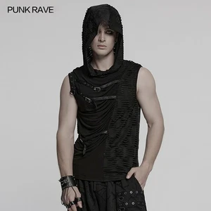 Punk Rave Men Black Gothic Punk Asymmetrical Splicing Hooded Sleeveless T-Shirts - Picture 1 of 20
