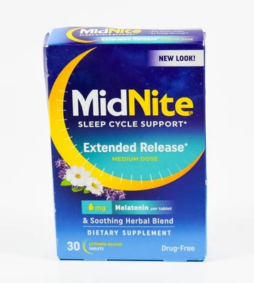 MidNite Sleep Support medium dose 6mg Melatonin EXTENDED RELEASE 30 tabs 01/2026 - Image 1 of 2